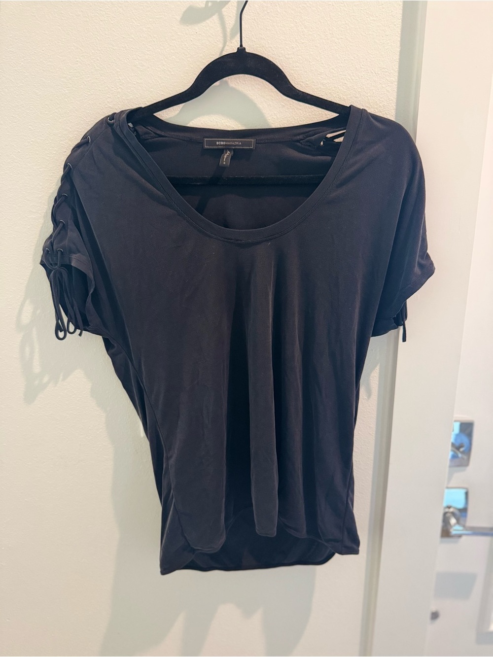 BCBGMaxAzria Black Short Sleeve Lace-Up Shoulder Tee